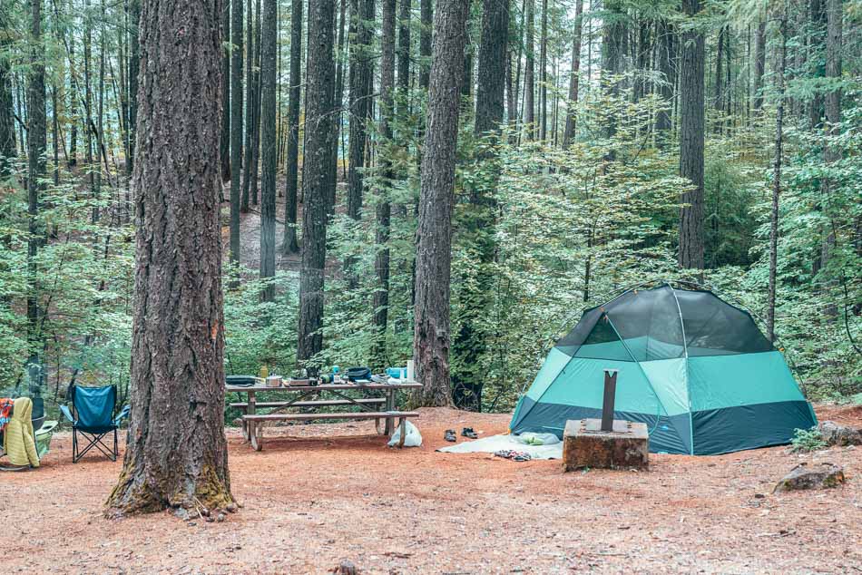 Tent set up at a campsite in the Trinity Alps Wilderness, Northern California.