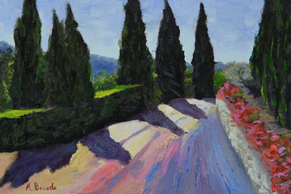 Original oil painting of a cypress tree alley with dark cypress trees, colourful shadows, flowers and Mediterranean landscape light