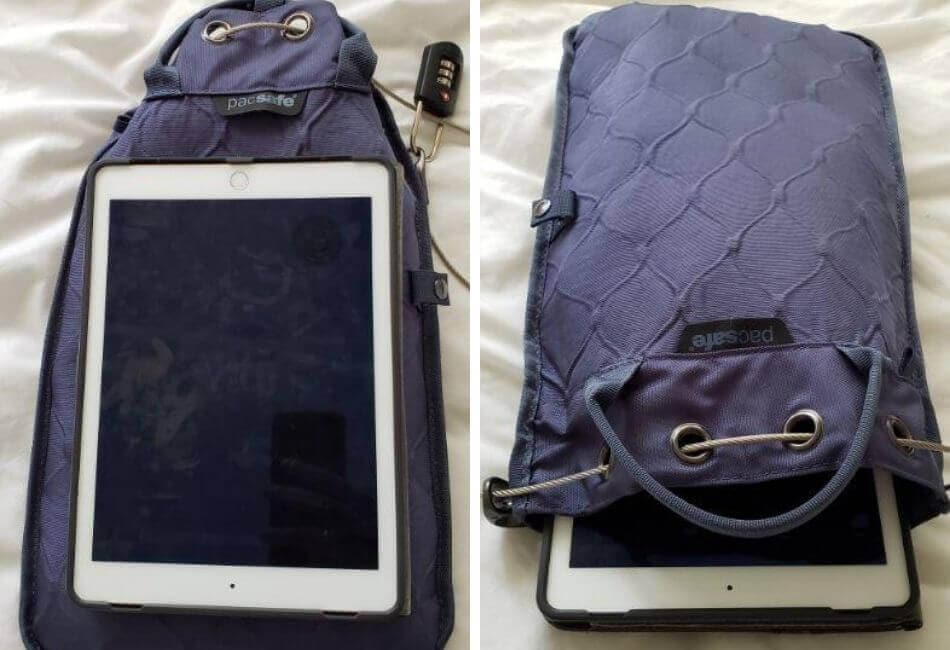 5L Pacsafe portable safe, an ipad and phones can easily fit in with room to spare.