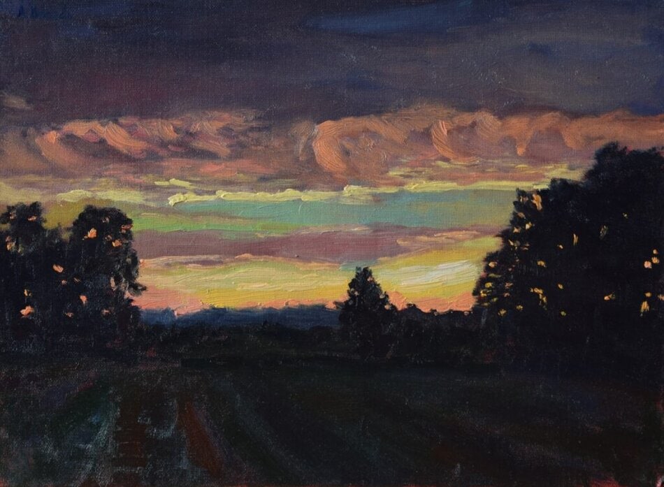 An oil painting of a dramatic cloudy sky sunset painted by Andrea Bocedi