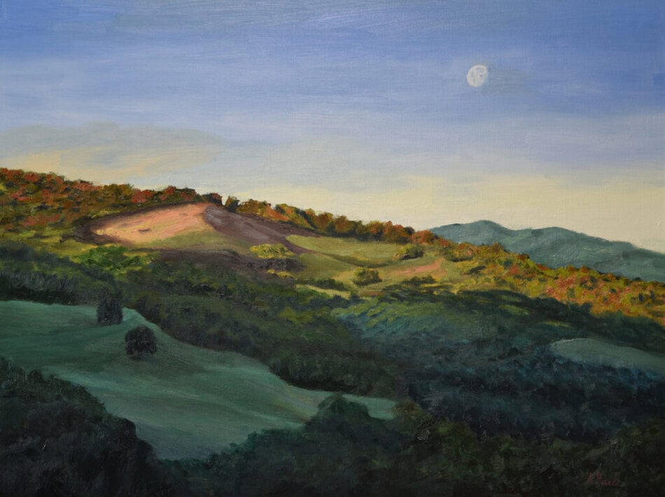Under the Tuscan Moon original oil painting by Andrea Bocedi, large Tuscan hills landscape near Montalcino and Abbazia Sant Antimo at sunrise