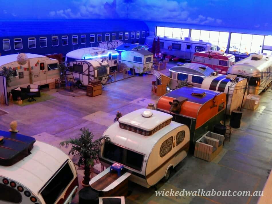 Base camp hostel in Germany, a unique and cool place to stay - looking down on the many vintage caravans,