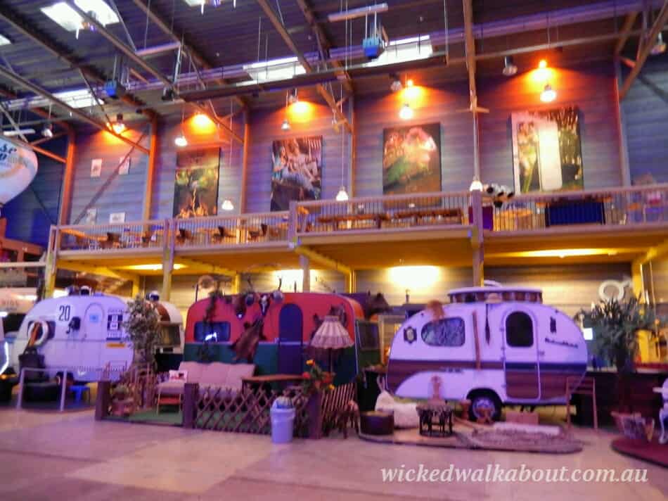 Base camp hostel in Germany, a unique and cool place to stay - looking up from the quirky accommodation to the dining area.