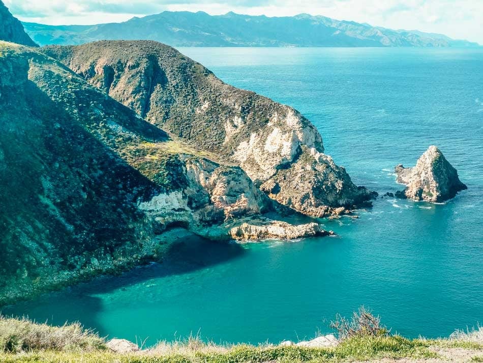 View of an ocean cove on Santa Cruz Island Channel Islands National Park in Southern California
