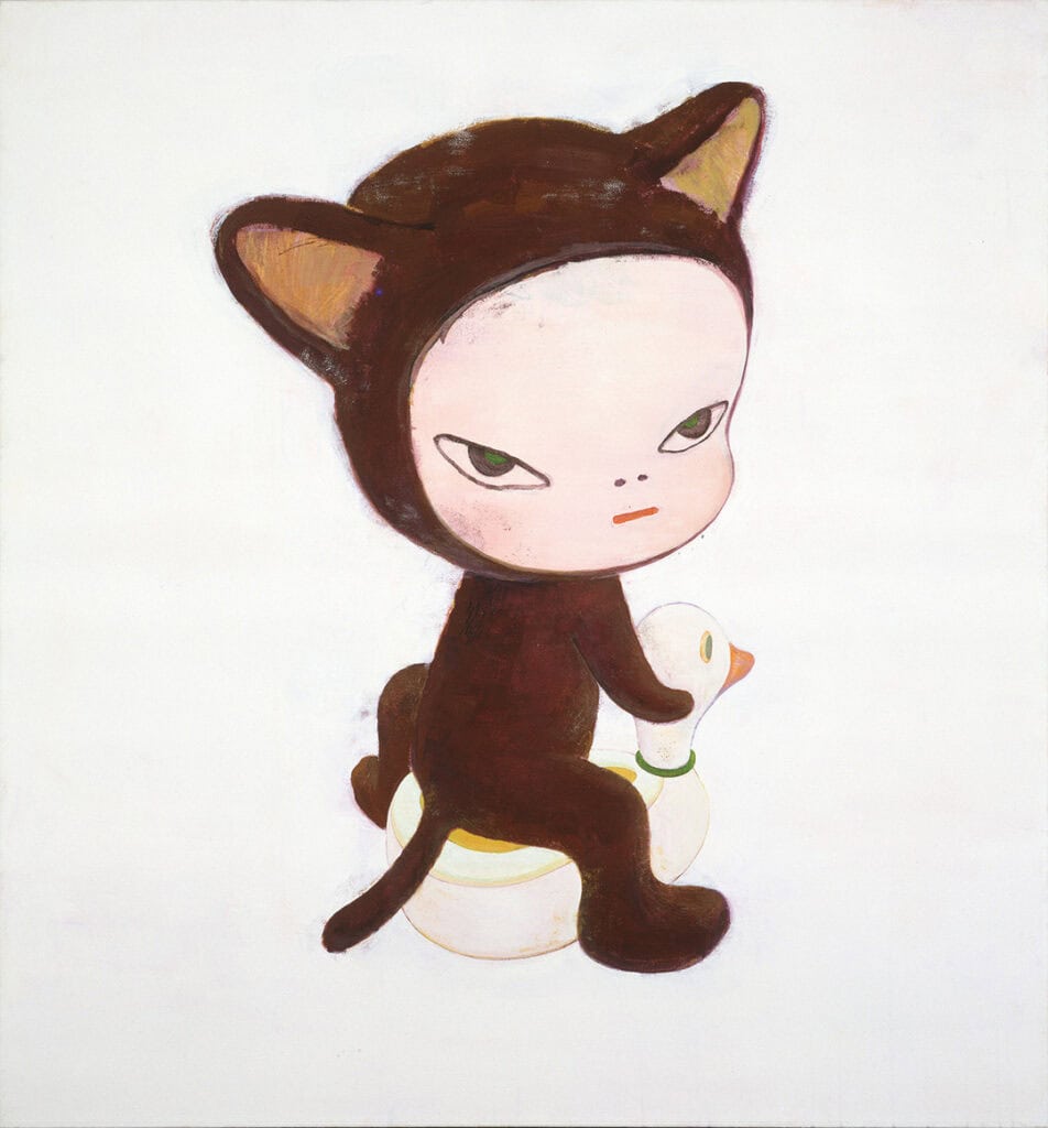 Yoshitomo Nara artwork “Harmless Kitty,” child in cat costume on duck toy, pop art meets kawaii surrealism.