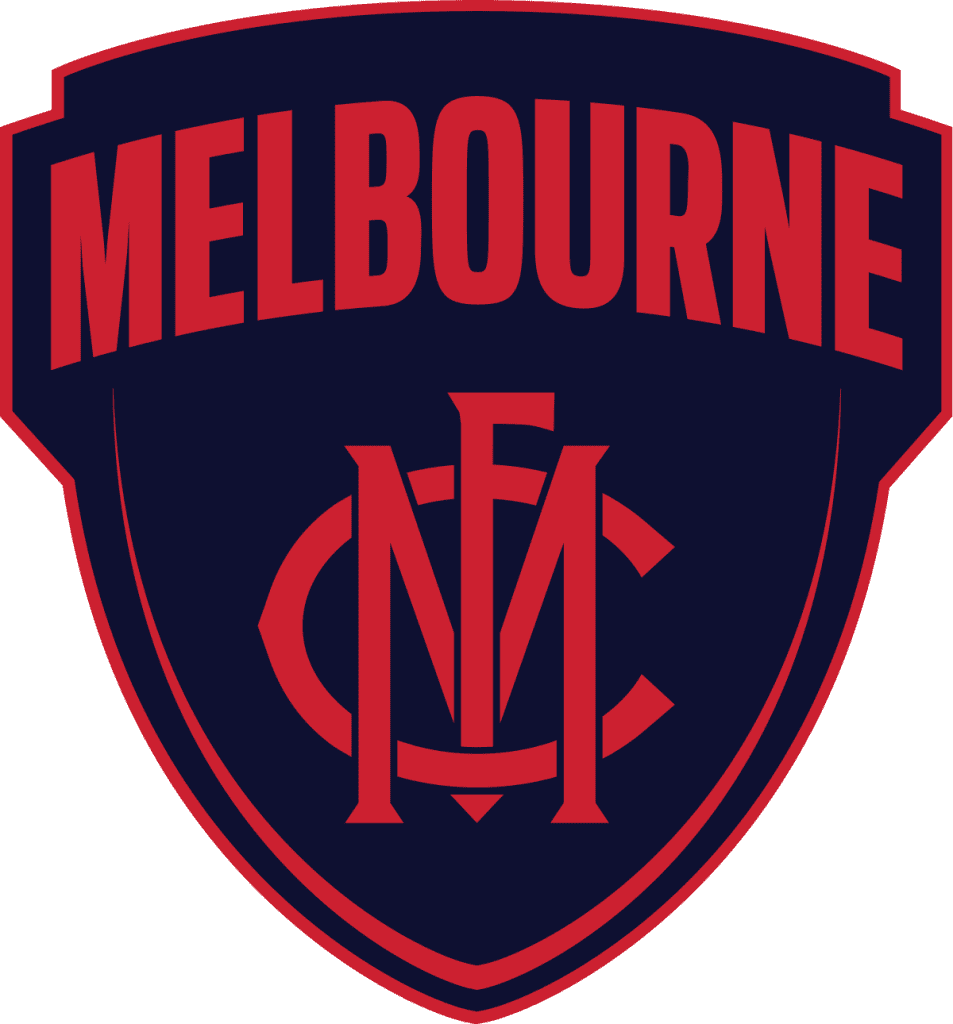 Official logo of the Melbourne Football Club, featuring a navy blue shield with red lettering.