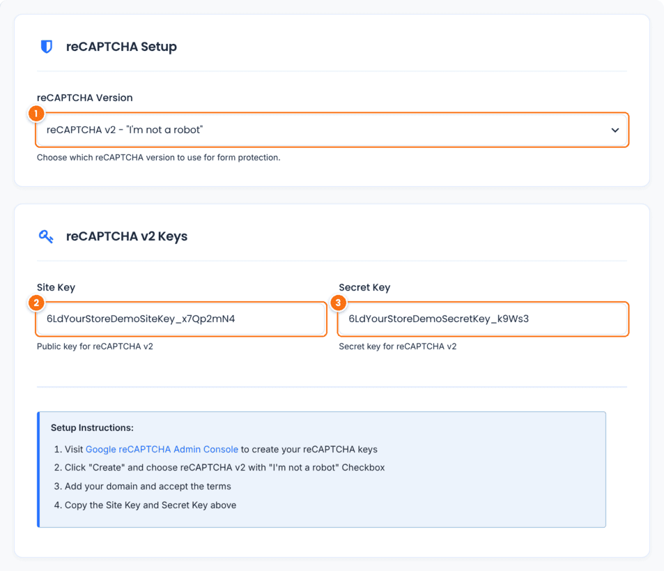 reCAPTCHA Setup in Ultimate Affiliate Pro settings with the reCAPTCHA Version dropdown and the Site Key and Secret Key fields for reCAPTCHA v2