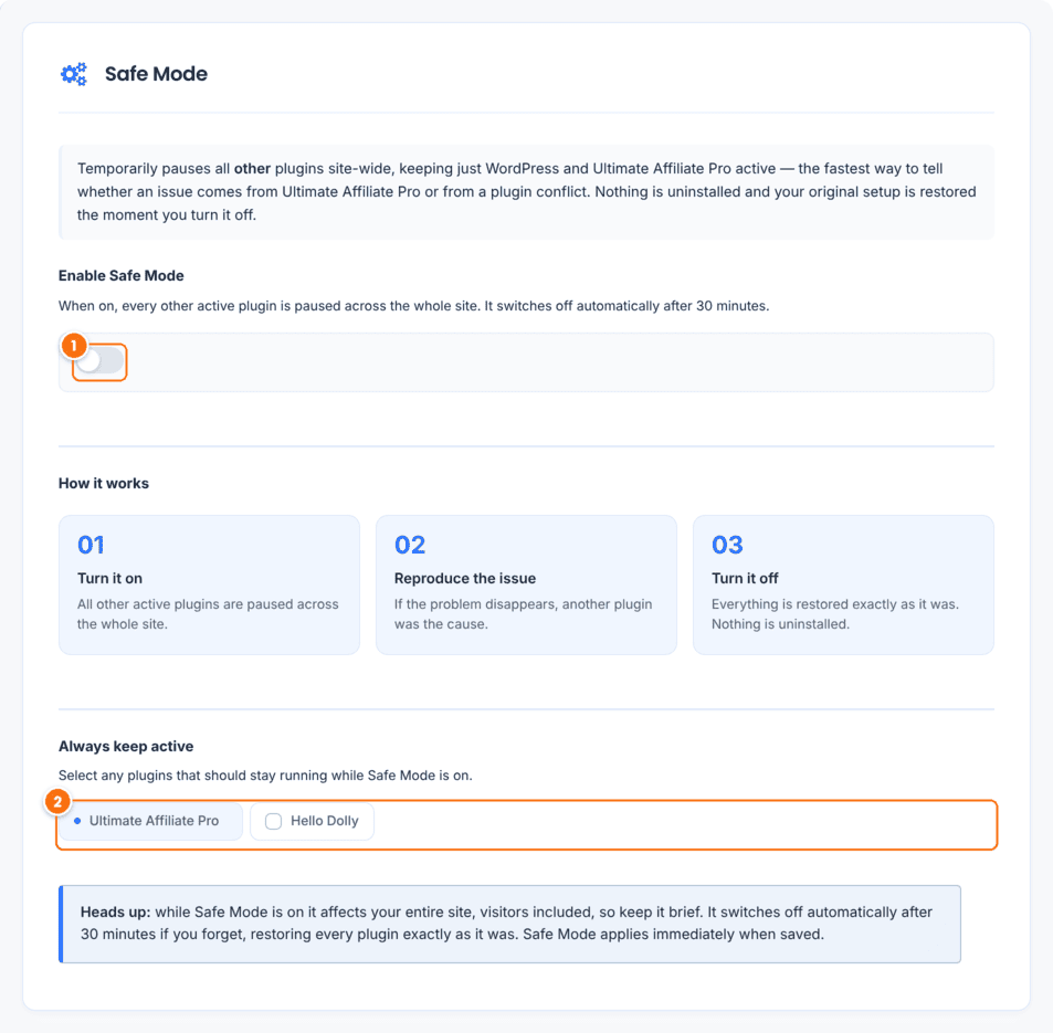 Safe Mode card in Ultimate Affiliate Pro Developers settings, used to find a plugin conflict, with the Enable Safe Mode switch and the Always keep active plugin list