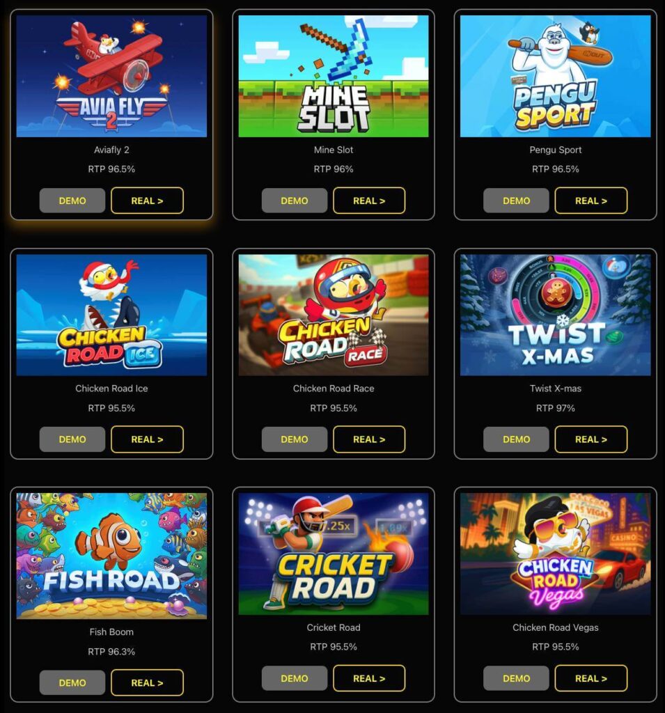 InOut Games list showcasing crash games