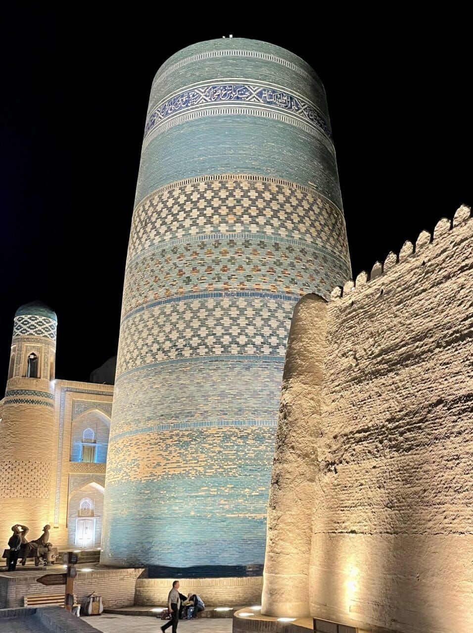 blue-tile ancient minaret at night