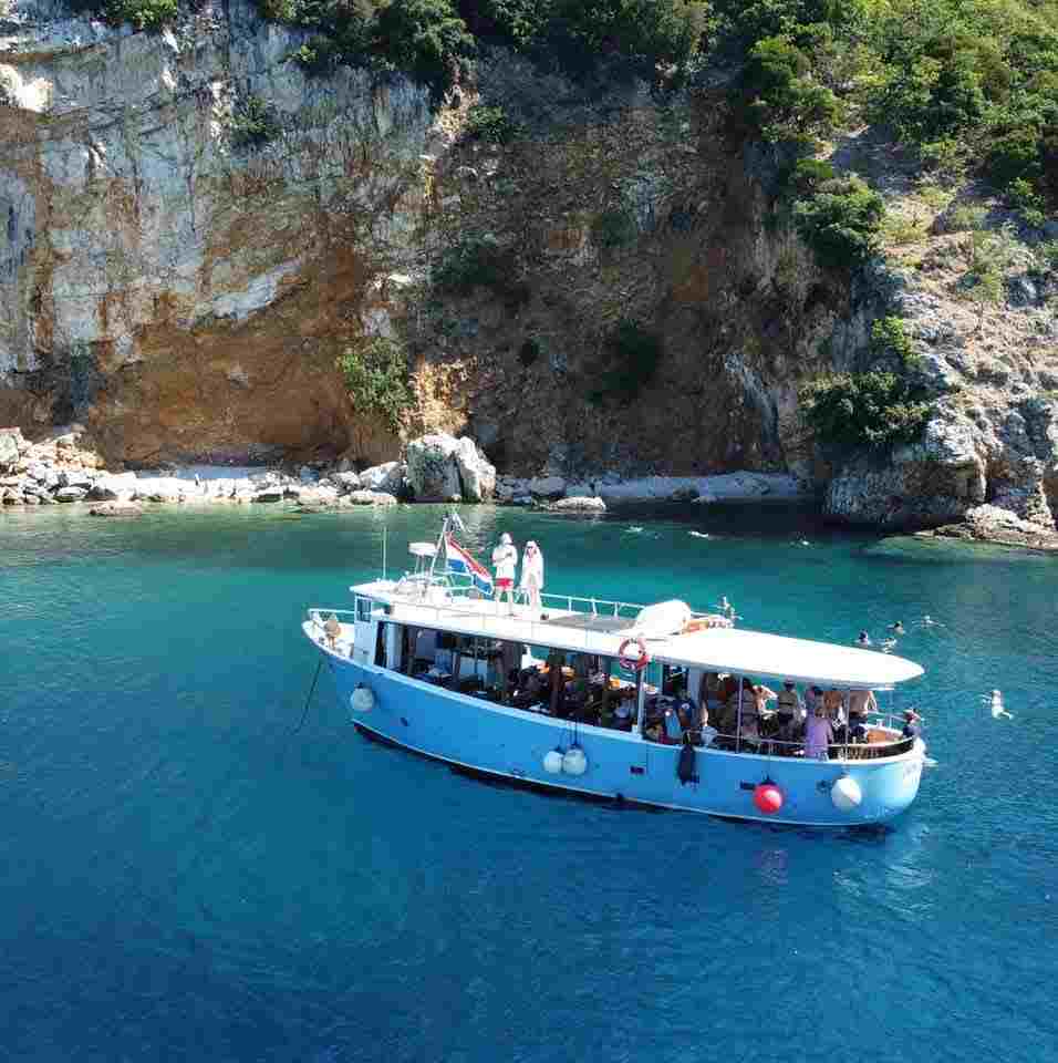 Large boat ready for group boat tours from Opatija on the Adriatic Sea.