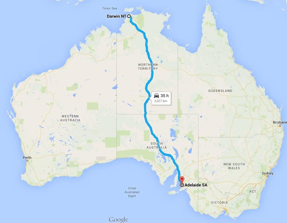 How long does it take to drive from Adelaide to Darwin via Ayers Rock/Uluru and Alice Springs? 3027 KMS / 1881 MILES ~ 35 HOURS