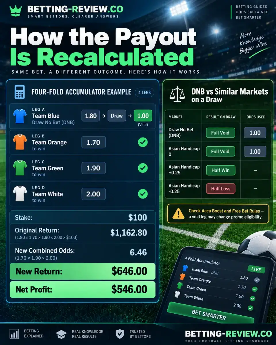 How accumulator odds are recalculated after a Draw No Bet selection is void