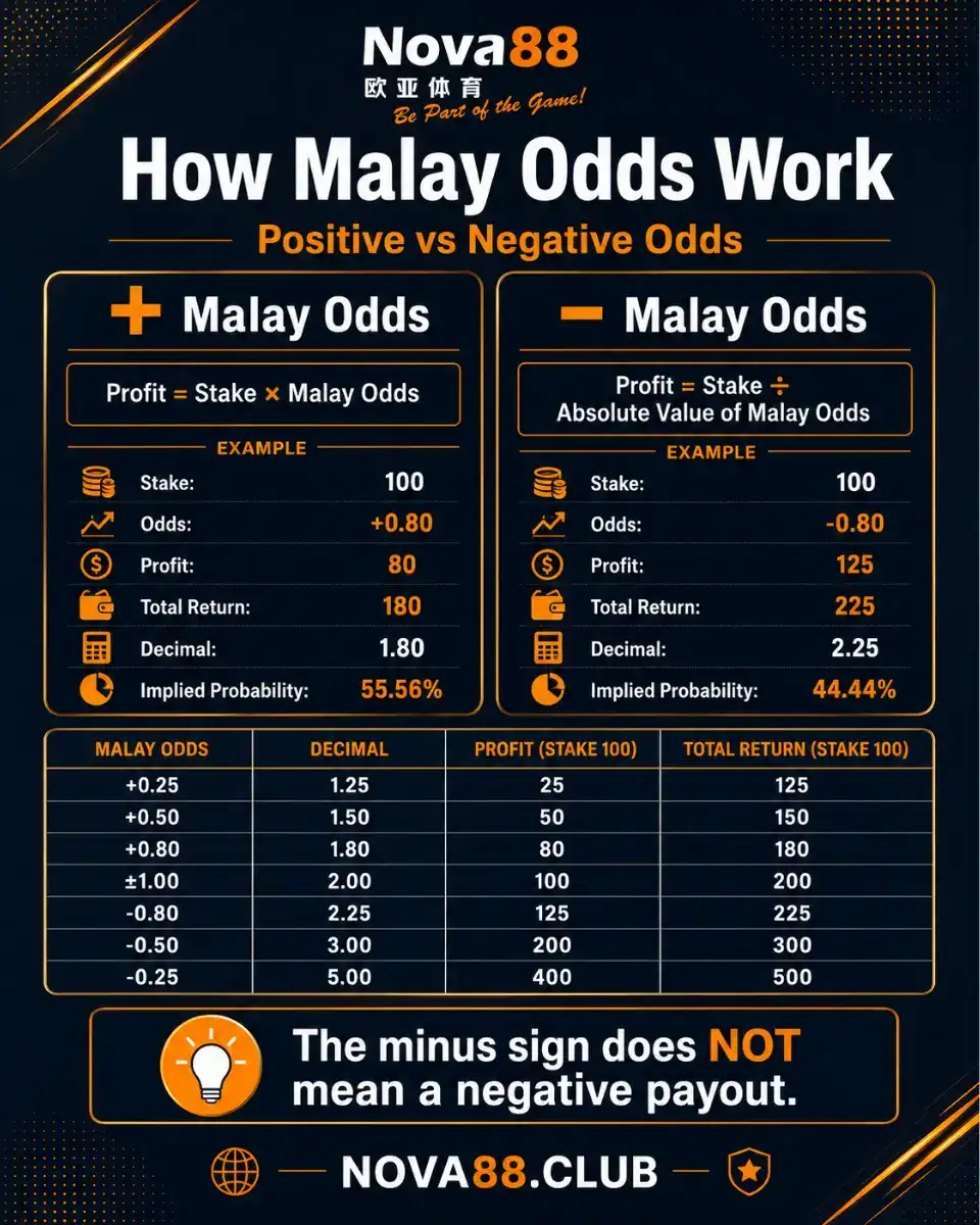 How positive and negative Malay odds work with payout examples