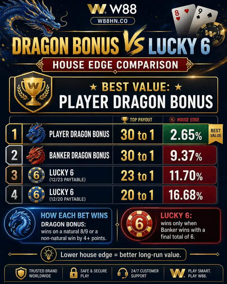 Dragon Bonus and Lucky 6 payouts and house edge compared