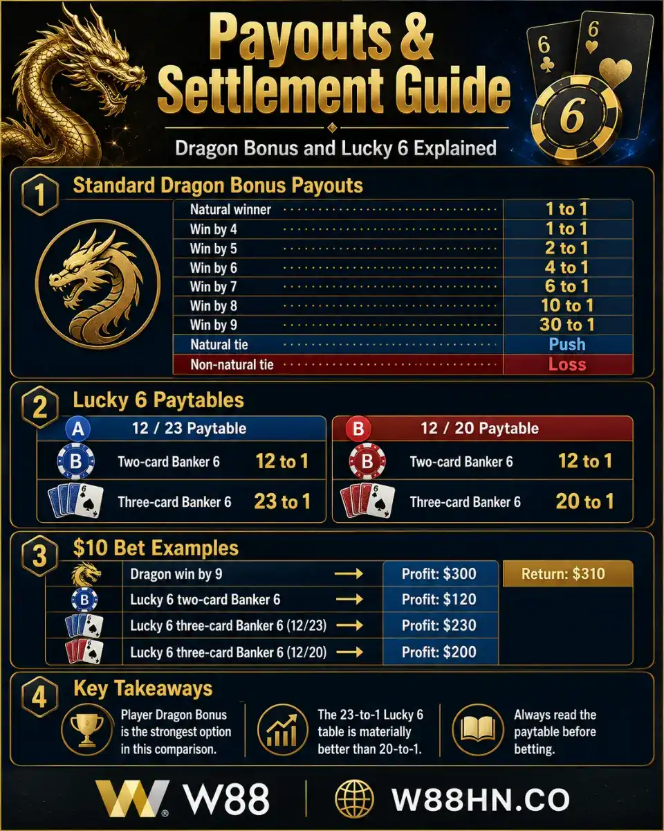 Lucky 6 baccarat payout for two-card and three-card Banker 6