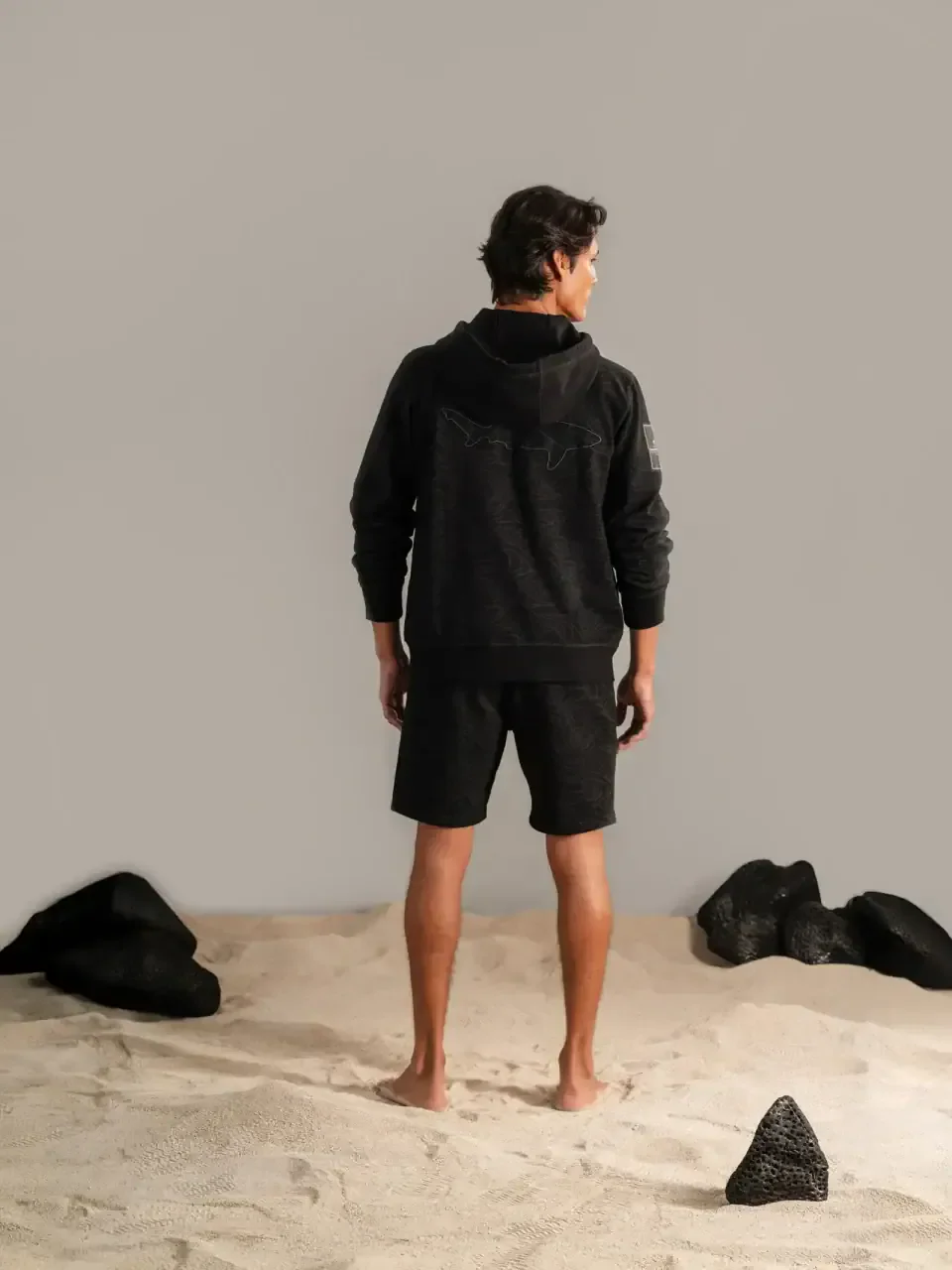 Sudadera con Capucha Olas y Tiburónes Negro