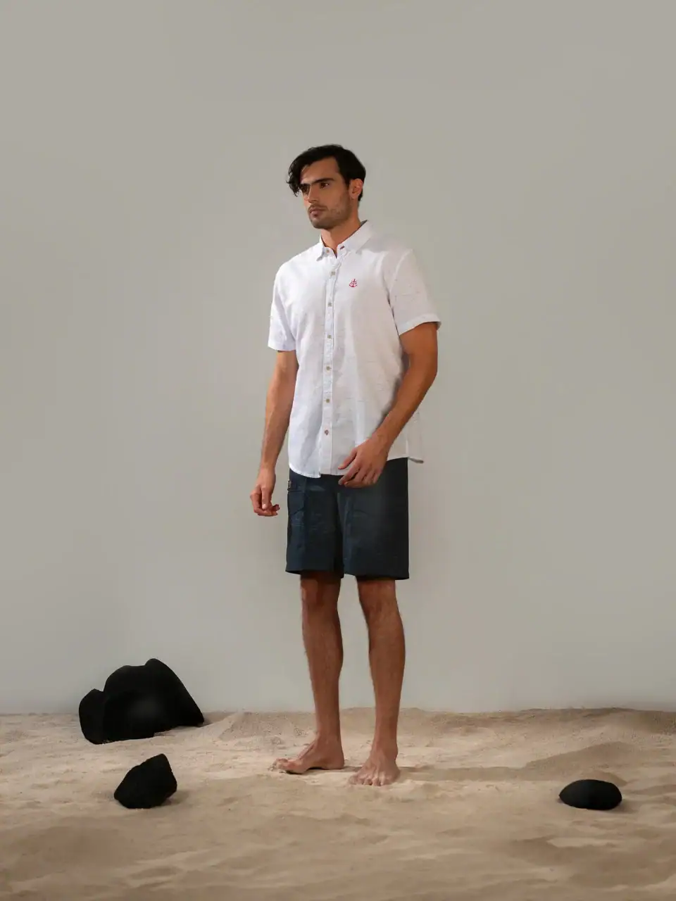 Camisa de Lino Manga Corta Mapa Náutico Blanca