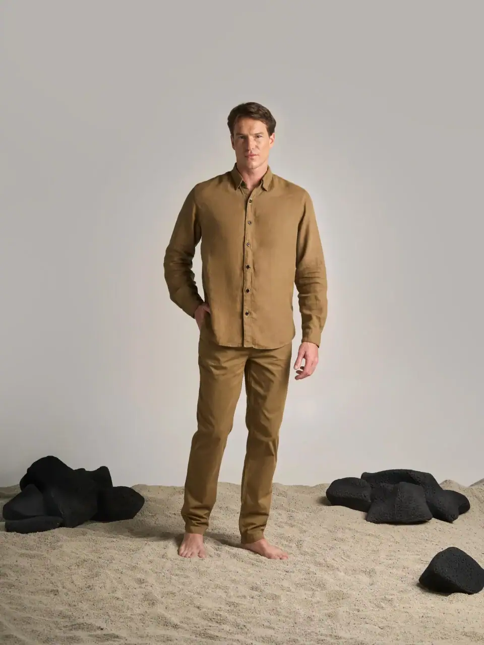 Camisa de Lino Manga Larga Verde Militar