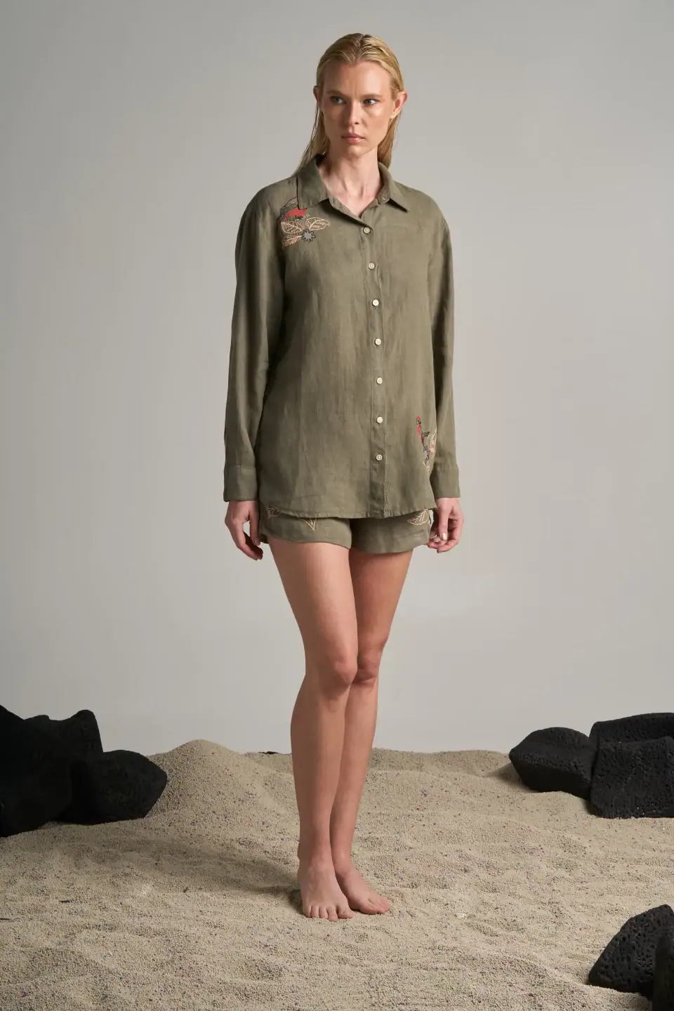 CAMISA LINO MANGA LARGA PAJAROS BRUJO VERDE