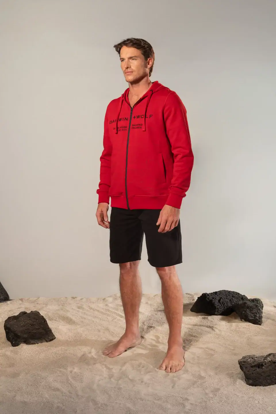 SUDADERA CON CAPUCHA CORRIENTES Y TIBURONES ROJA