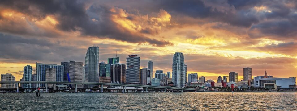 Downtown Miami skyline at sunset from the bay