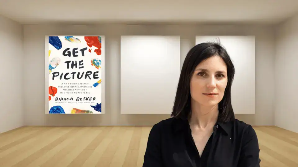 A photo of author Bianca Bosker, a light skinned woman with straight dark hair, standing in front of her book cover - imposed to look like it is hung on a gallery wall.