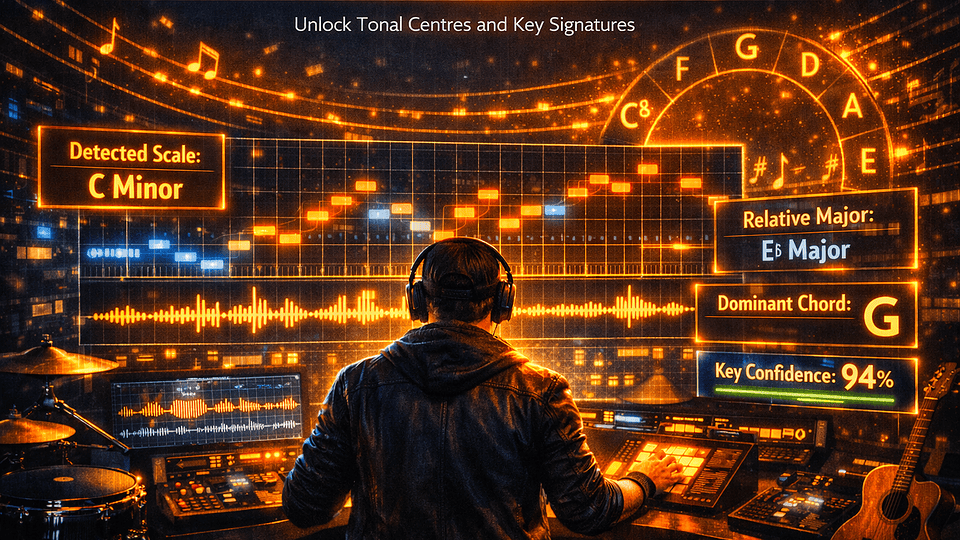 How to detect the scale of a melody in 2026 — glowing note grid, circle of fifths, modes, pentatonics and AI scale finder