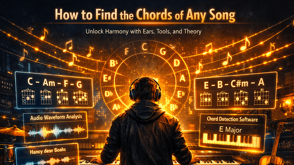 How to find the chords of any song in 2026 — guitar fretboard, piano keyboard, chord diagrams, circle of fifths and AI chord finder