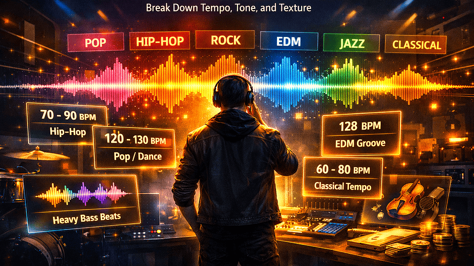 How to tell what genre a song is in 2026 — interactive genre finder, BPM and key charts, full sub-genre family tree and head-to-head against every other genre guide