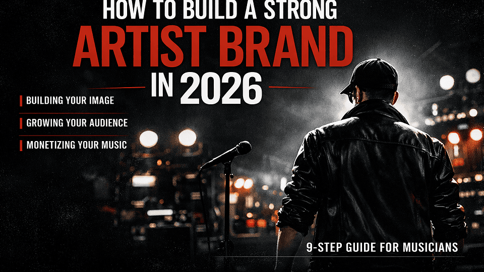 Independent musician working on artist brand identity — logo, colour palette and album artwork — in a 2026 creative studio