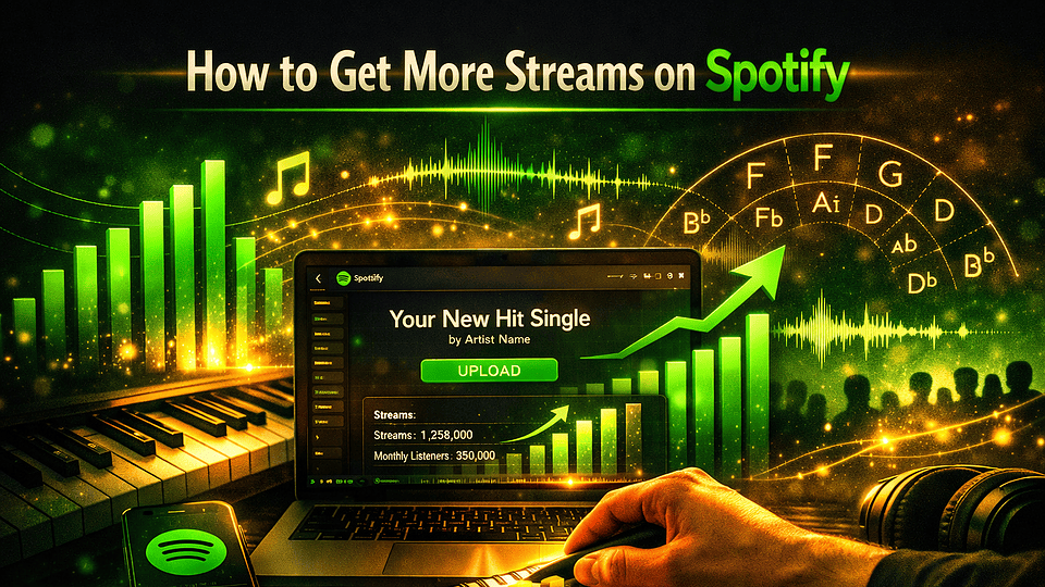 How to get more streams on Spotify in 2026 — an independent artist optimising their Spotify for Artists profile, pre-save link and editorial pitch form, with Discover Weekly, Release Radar and Marquee glowing in the background.