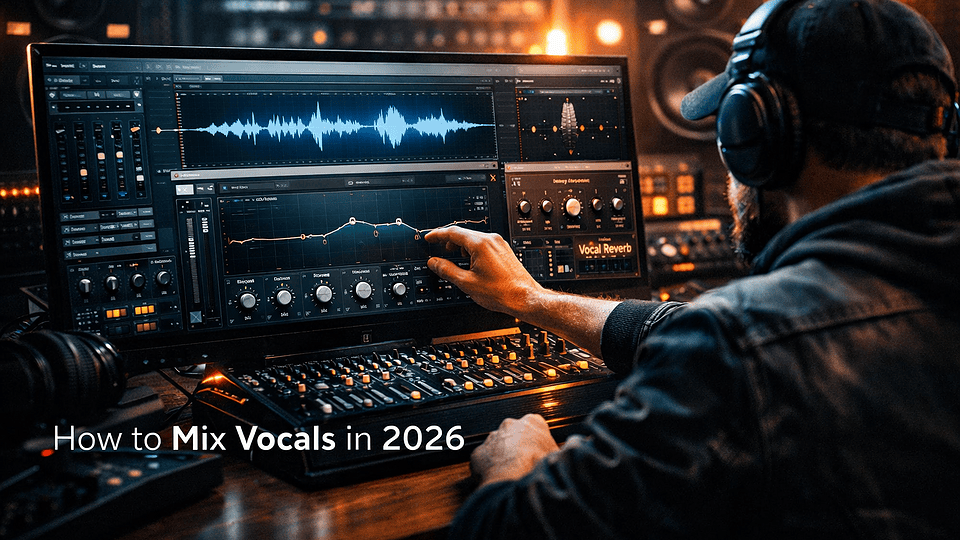 How to mix vocals in 2026 — DAW mixer with vocal channel strip showing EQ, compression, de-esser, reverb and delay sends, beside a large-diaphragm condenser microphone in a home studio