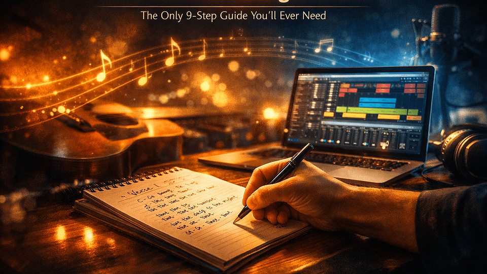 How to write a song in 2026 — songwriter with notebook, pen, acoustic guitar, ukulele and phone open on voice memos