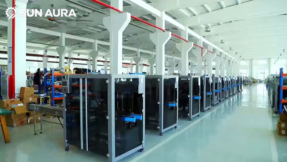 Packaging machinery assembly workshop with technicians integrating servo drives and PLC controllers at SunAura factory