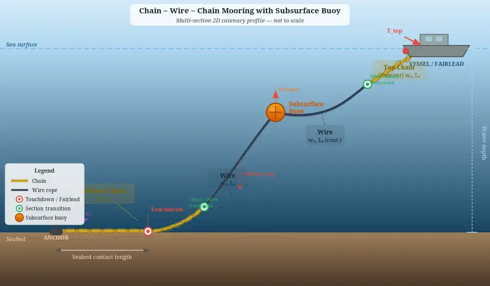 Subsea catenary on mooring line