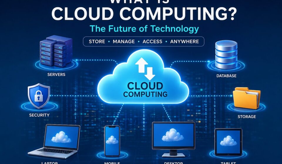 Illustration showing cloud computing with connected devices, cloud servers, databases, storage, and networking icons representing modern cloud technology.