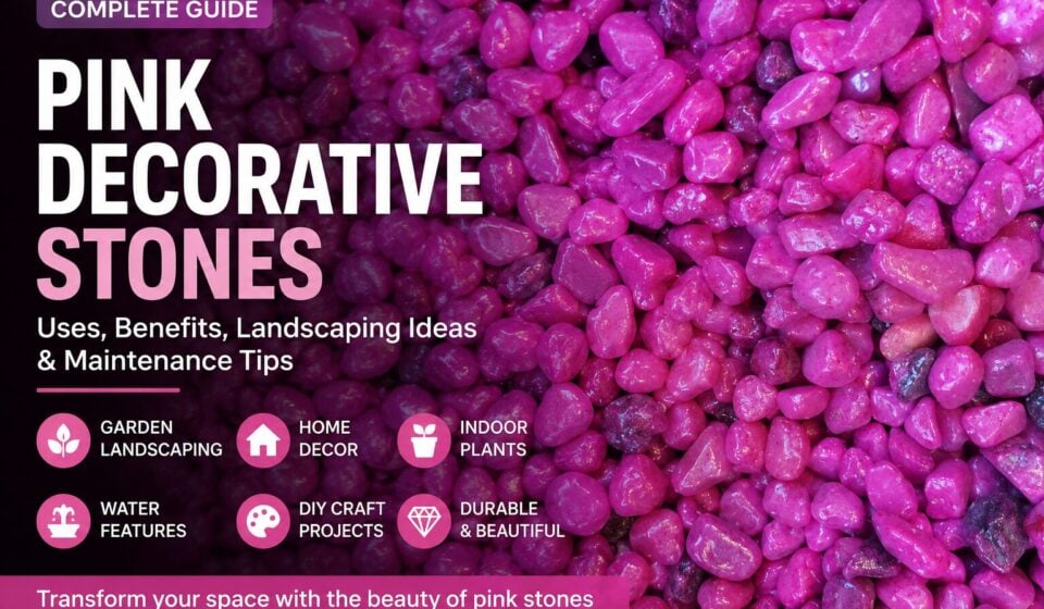 Close-up view of vibrant pink decorative pebbles used for garden landscaping, indoor plant decoration, home décor, and DIY craft projects.