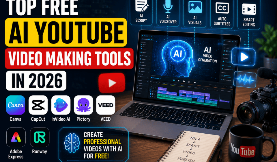 Free AI YouTube video making tools 2026 with AI video editor, laptop workspace, and content creation technology.