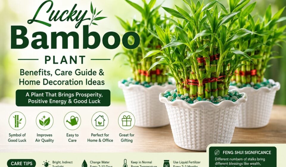 Healthy Lucky Bamboo plants in decorative white ceramic pots with blue stones, ideal for indoor home and office decoration.