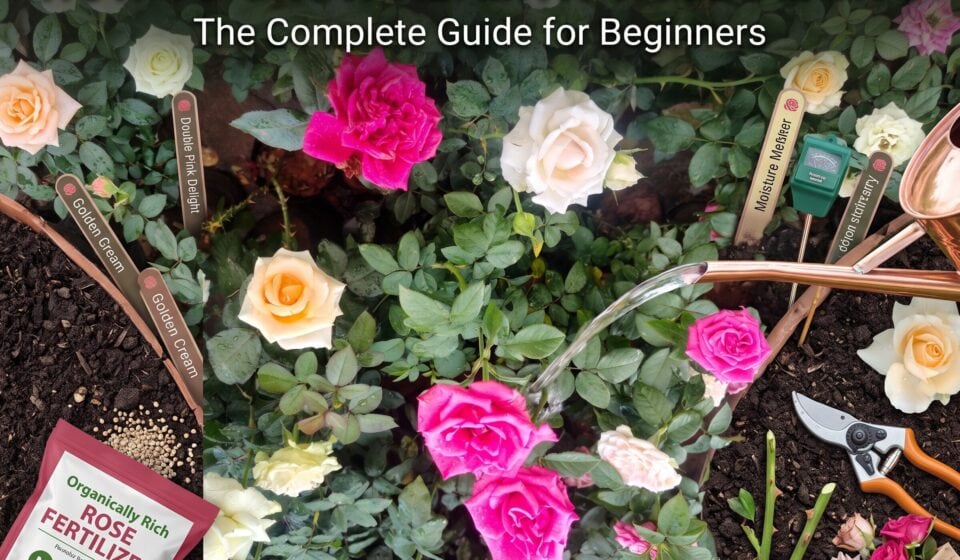 Beautiful pink, white, and cream rose flowers blooming in a healthy home garden.