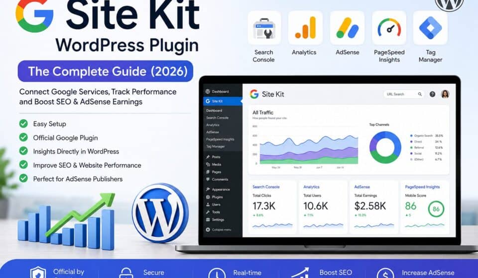 "Google Site Kit WordPress dashboard showing Search Console, Analytics, AdSense, and PageSpeed Insights integration for SEO and website performance."