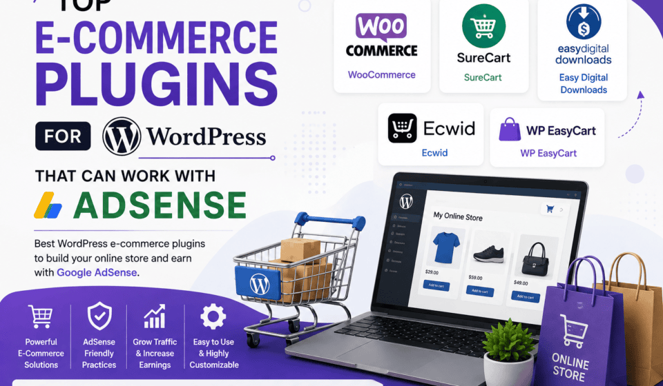 Top WordPress e-commerce plugins including WooCommerce, SureCart, Easy Digital Downloads, Ecwid and WP EasyCart that can work with AdSense