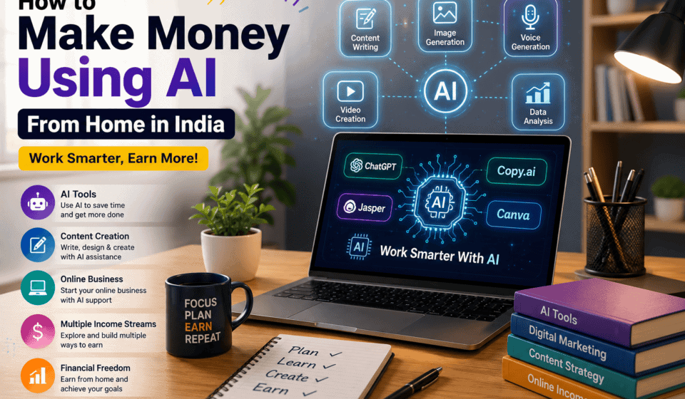 How to Make Money Using AI From Home in India, featuring a modern home workspace with a laptop displaying AI tools and income opportunities.