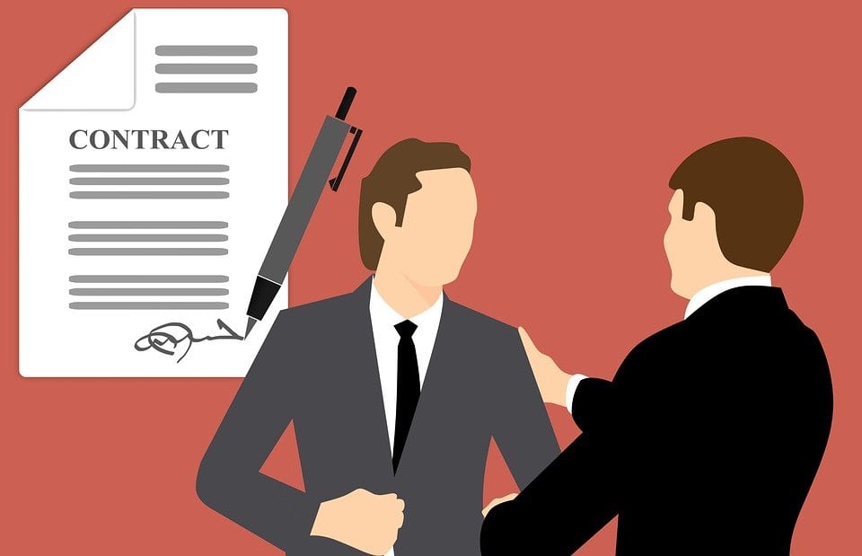 A vector image of an employer and employee along with an employment contract