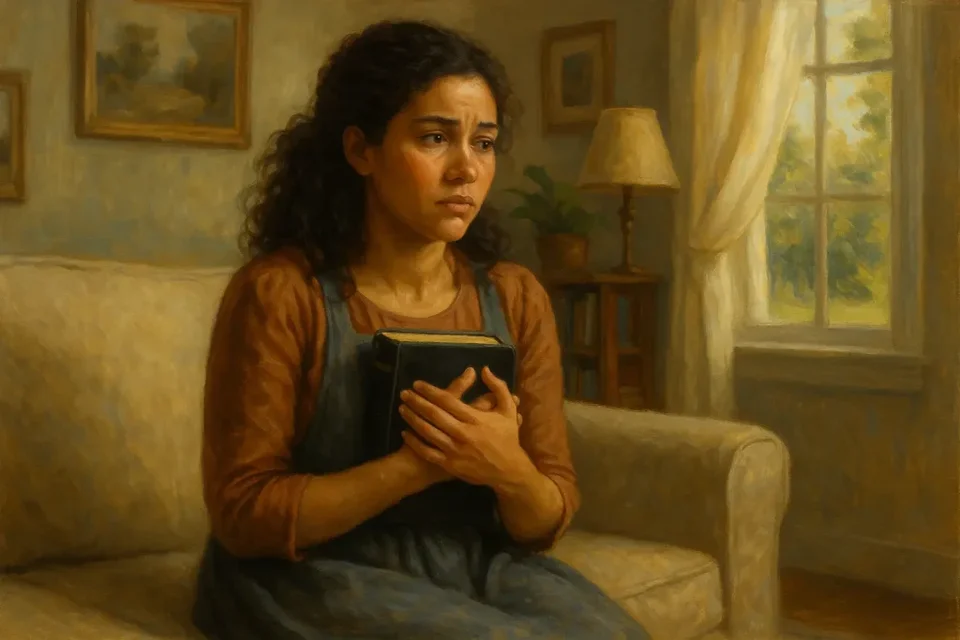 mulher sentanda no sofa com olhar aflito por causa do dilema fé e razão