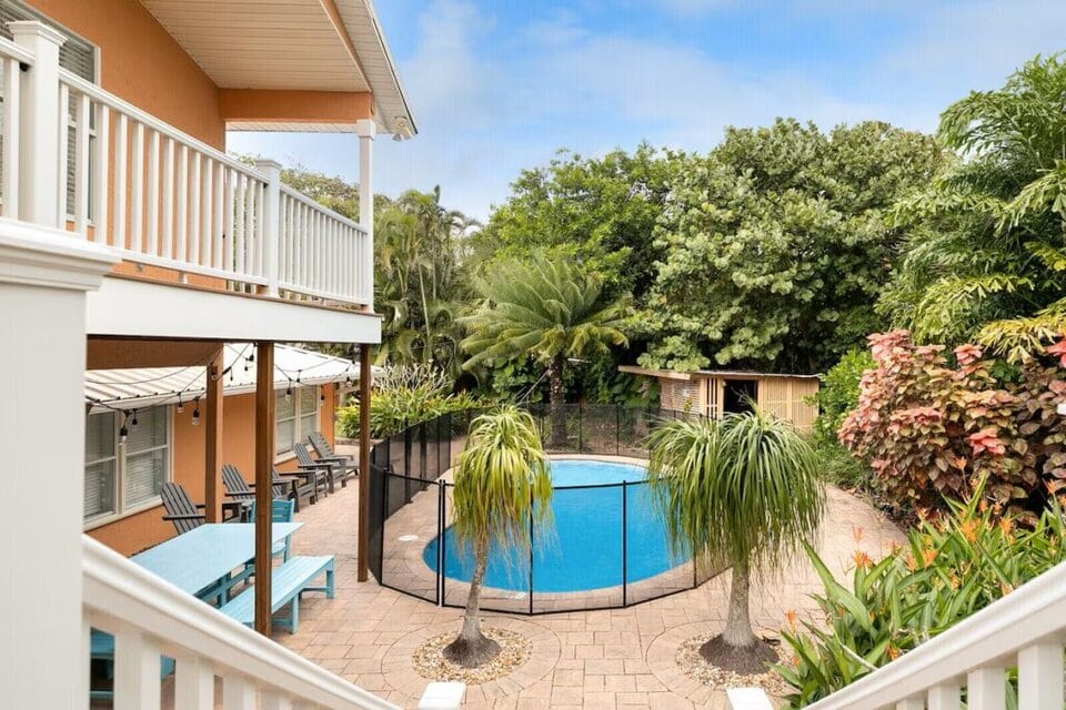 Exterior view of a Melbourne Vacation home with a pool.