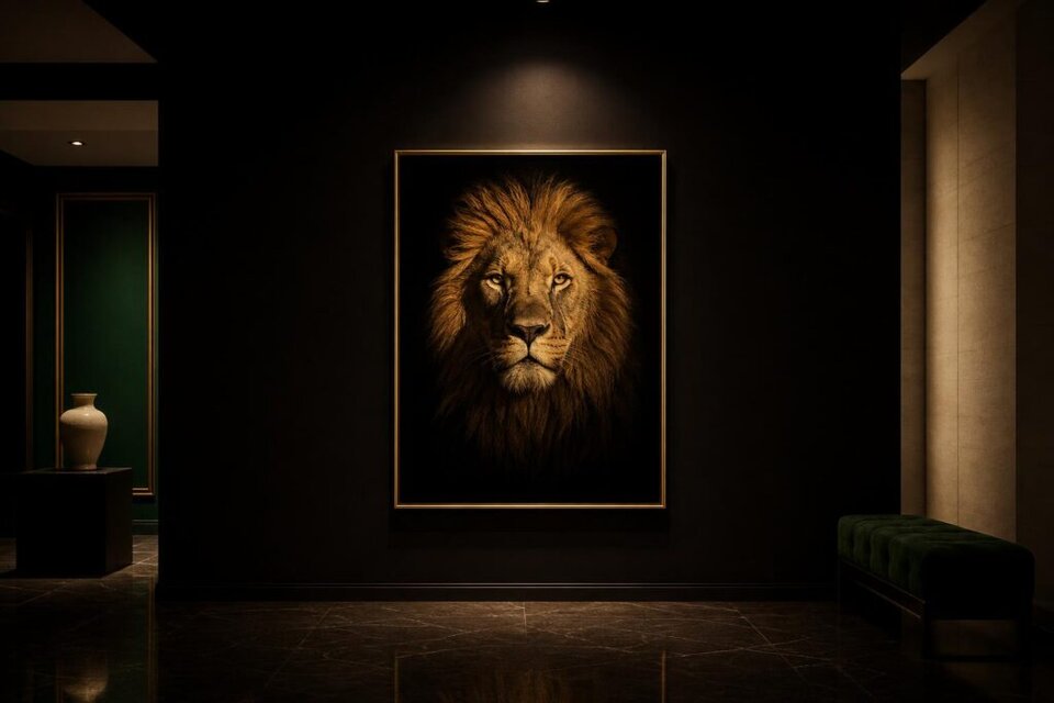 Portrait lion noir et or