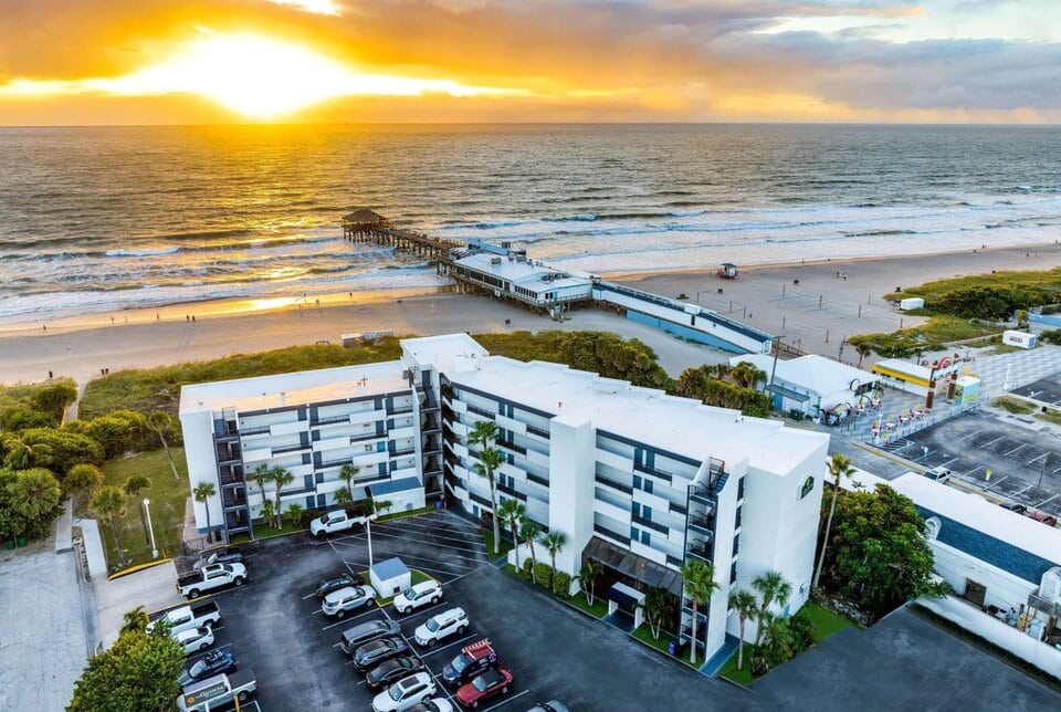 Aerial image of the La Quinta Inn Cocoa Beach Oceanfront, a popular choice for cocoa beach dog friendly hotels