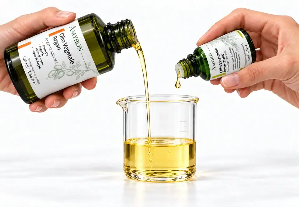 Due mani versano olio vegetale di argan e una goccia di olio essenziale di rosmarino dai flaconi AMYRON in un becher. dimostrazione di come diluire oli essenziali